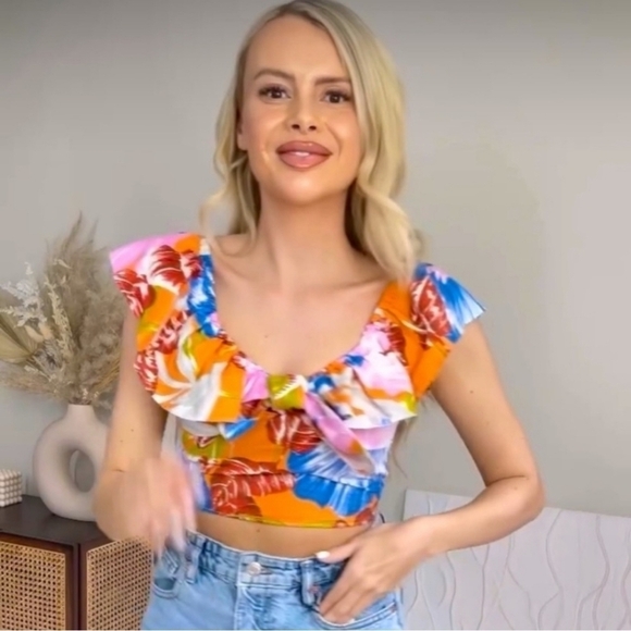 Zara Linen Fiesta Tropical Crop Top Size S Summer Beach Festival - Picture 6 of 13